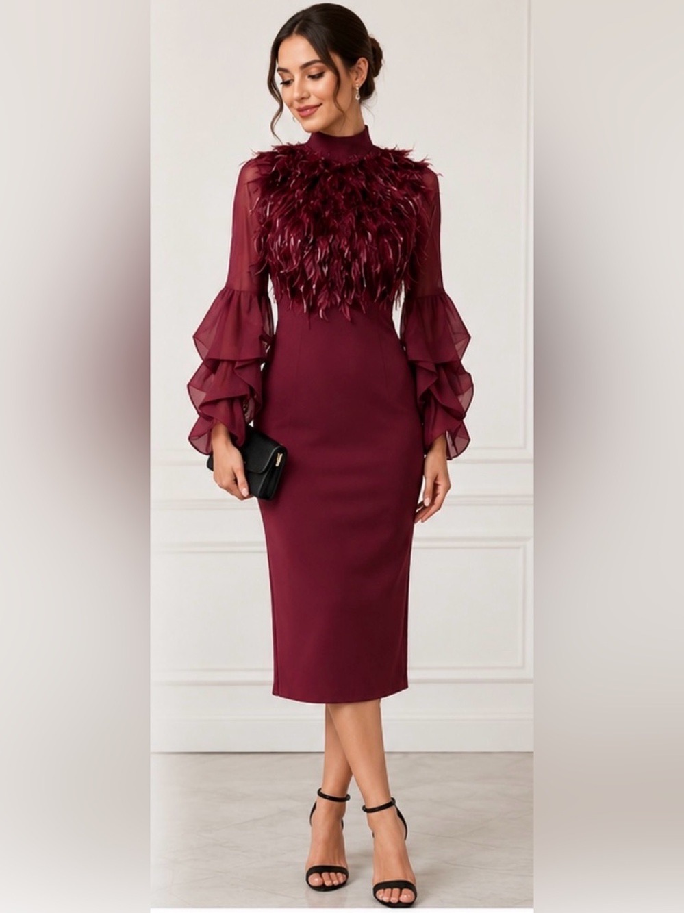 burgundy bodycon dress knee length Feather maximalist details trendy size Small